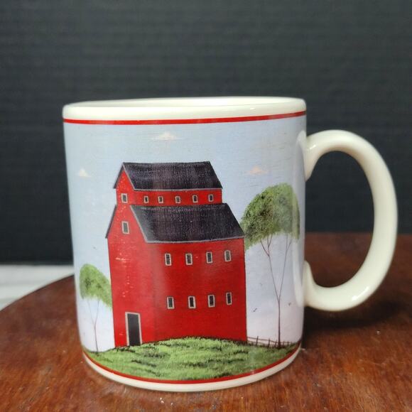 Set of 2 Vintage Warren Kimble 1998 Barns Mugs by Sakura Red Barn Blue Sky - Picture 1 of 9